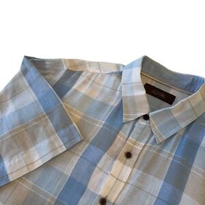 Tasso Elba Mens XL Blue Plaid‎ Linen Cotton Short Sleeve Summer Resort Shirt